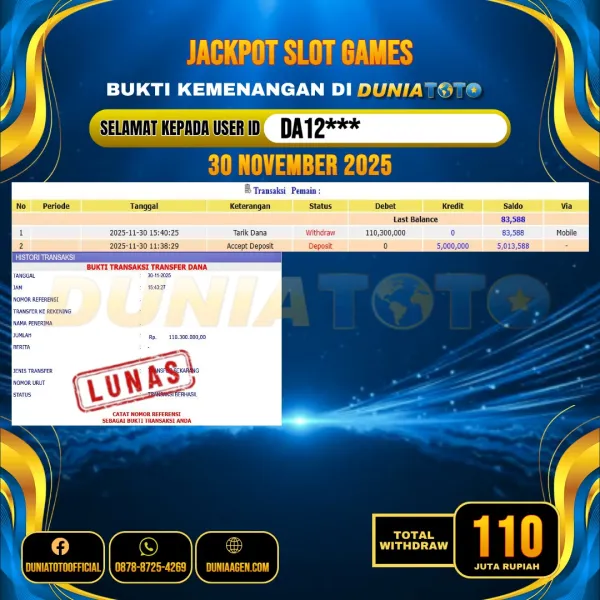 DUNIATOTO  JACKPOT SLOT GAMES Rp.110.000.000 - LUNAS USER ID :  DA12***