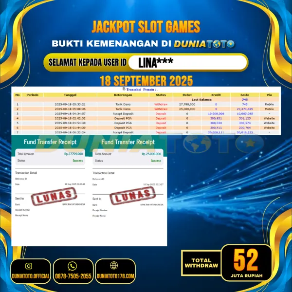 DUNIATOTO JACKPOT SLOT GAMES Rp.52.000.000 - LUNAS USER ID : LINA***