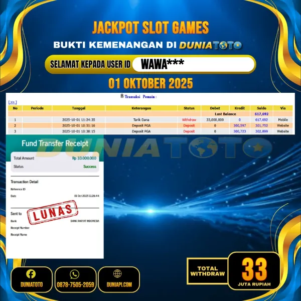 DUNIATOTO   JACKPOT  SLOT GAMES Rp.33.000.000 - LUNAS USER ID : WAWA***