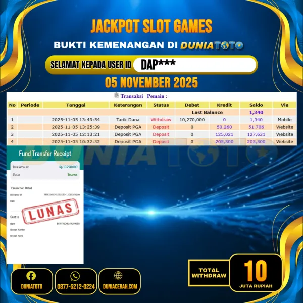    DUNIATOTO JACKPOT SLOT GAMES Rp.10.000.000 - LUNAS USER ID :  DAP***