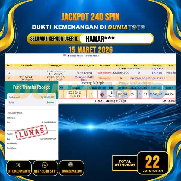  DUNIATOTO  JACKPOT LIVE GAMES 24D SPIN Rp.22.000.000 - LUNAS USER ID : HAMAR***