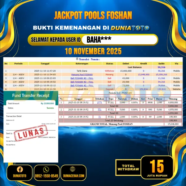    DUNIATOTO JACKPOT TOGEL FOSHAN Rp.15.000.000 - LUNAS USER ID :  BAHA***