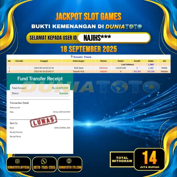DUNIATOTO JACKPOT SLOT GAMES Rp.14.000.000 - LUNAS USER ID : NAJIHS***