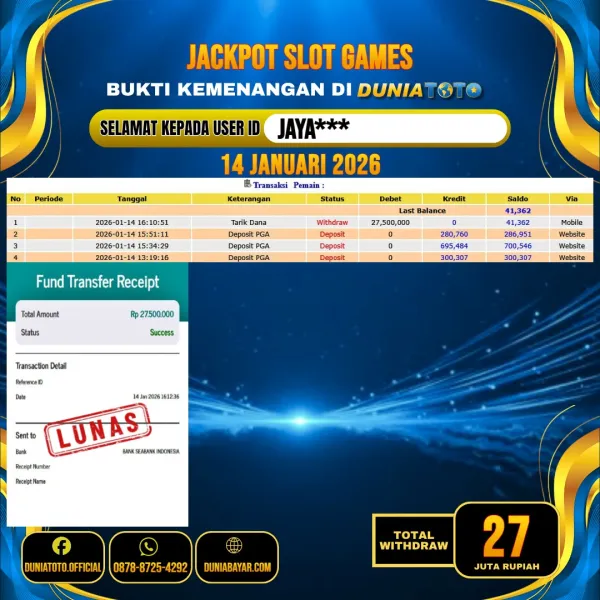 DUNIATOTO JACKPOT SLOT GAMES  Rp.27.000.000 - LUNAS USER ID : JAYA***