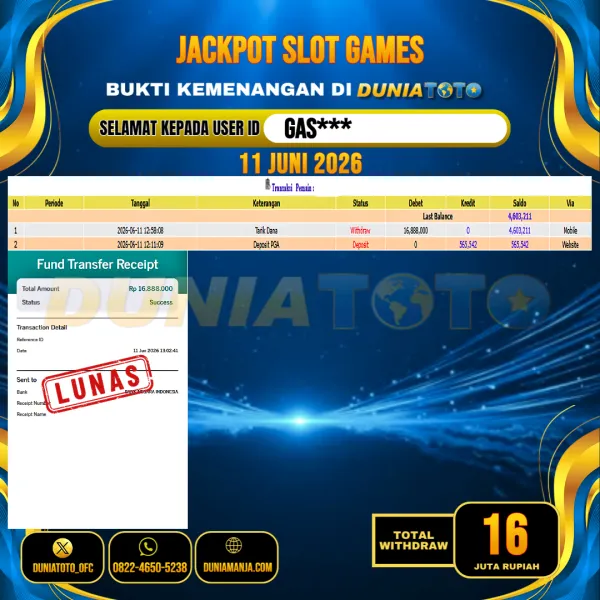 DUNIATOTO  JACKPOT SLOT GAMES Rp.16.000.000 - LUNAS USER ID : GAS***