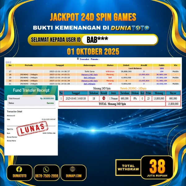 DUNIATOTO   JACKPOT LIVE GAMES 24D SPIN Rp.38.000.000 - LUNAS USER ID : BAB***