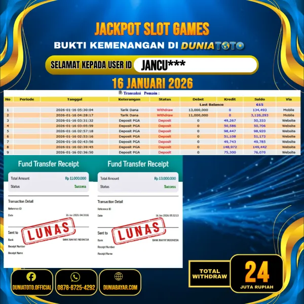 DUNIATOTO JACKPOT SLOT GAMES Rp.24.000.000 - LUNAS USER ID : JANCU***
