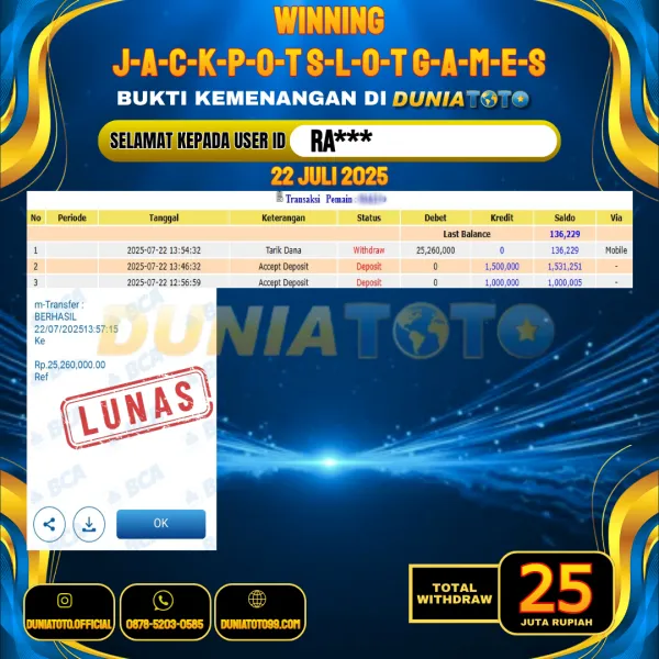 DUNIATOTO JACKPOT SLOT GAMES Rp.25.000.000 - LUNAS USER ID : RA***