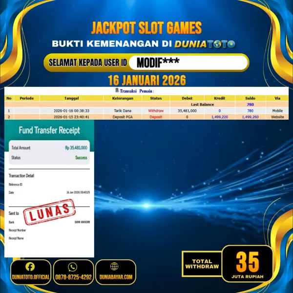 DUNIATOTO JACKPOT SLOT GAMES Rp.35.000.000 - LUNAS USER ID : MODIF***