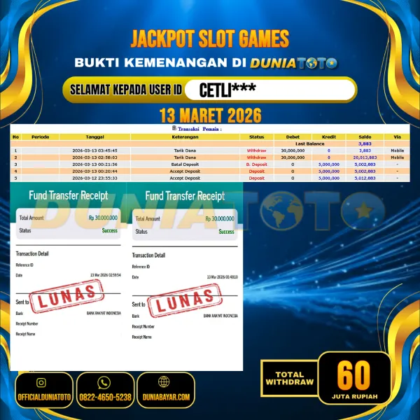  DUNIATOTO JACKPOT SLOT GAMES Rp.60.000.000 - LUNAS USER ID : CETLI***