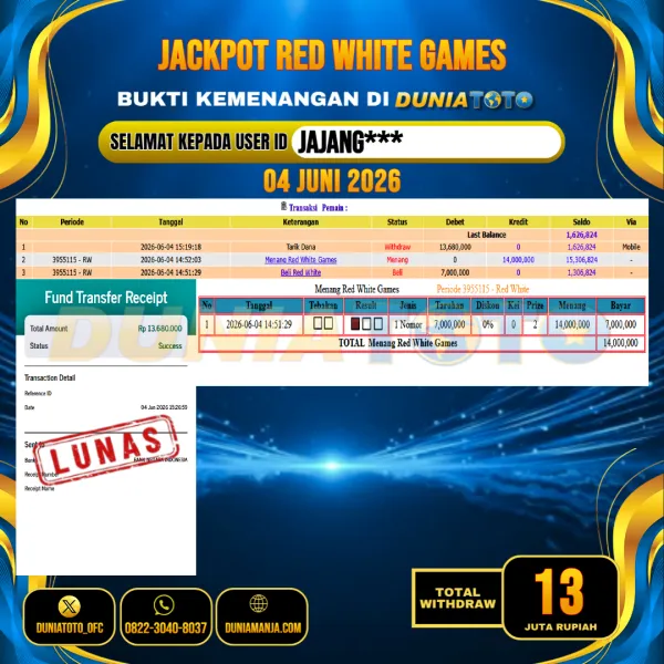 DUNIATOTO  JACKPOT LIVE GAMES RED WHITE GAMES Rp.13.000.000 - LUNAS USER ID : JAJANG***