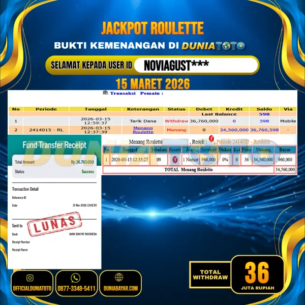  DUNIATOTO  JACKPOT LIVE GAMES ROULETTE Rp.36.000.000 - LUNAS USER ID : NOVIAGUST***