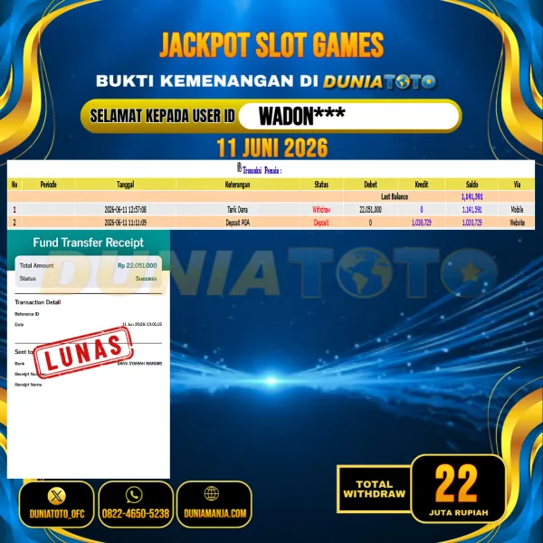 DUNIATOTO  JACKPOT SLOT GAMES Rp.22.000.000 - LUNAS USER ID : WADON***