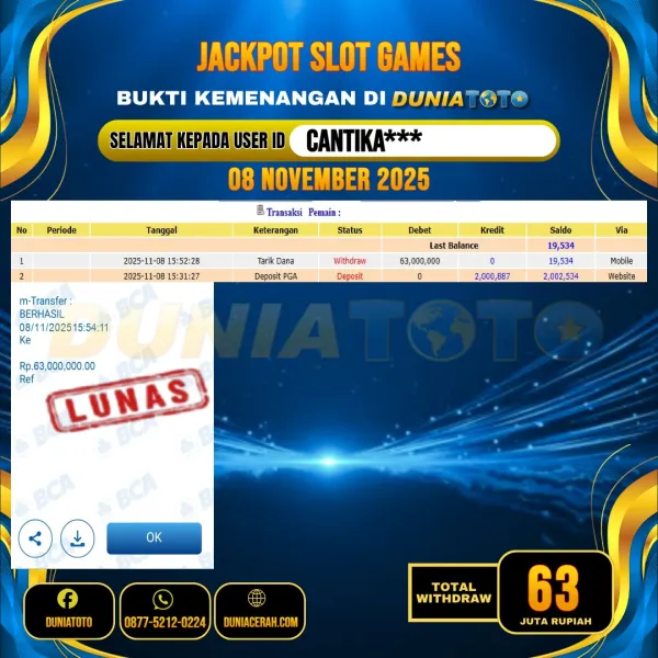   DUNIATOTO JACKPOT SLOT GAMES Rp.63.000.000 - LUNAS USER ID :  CANTIKA***