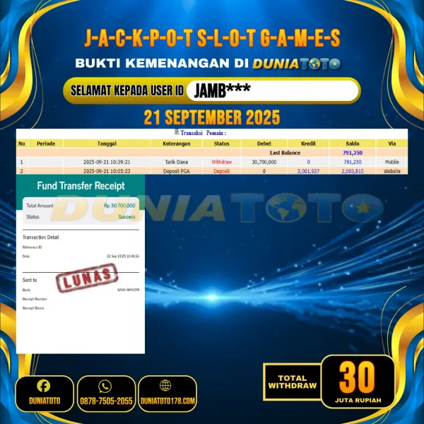 DUNIATOTO JACKPOT SLOT GAMES Rp. 30.000.000 - LUNAS USER ID : JAMB***