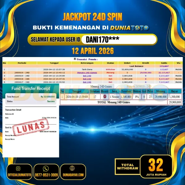 DUNIATOTO  JACKPOT LIVE GAMES 24D SPIN Rp.32.000.000 - LUNAS USER ID : DANI170***
