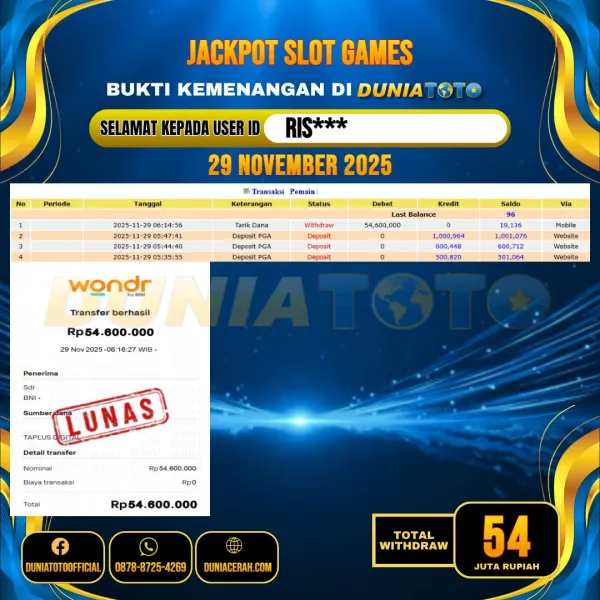 DUNIATOTO JACKPOT SLOT GAMES Rp.54.000.000 - LUNAS USER ID :  RIS***