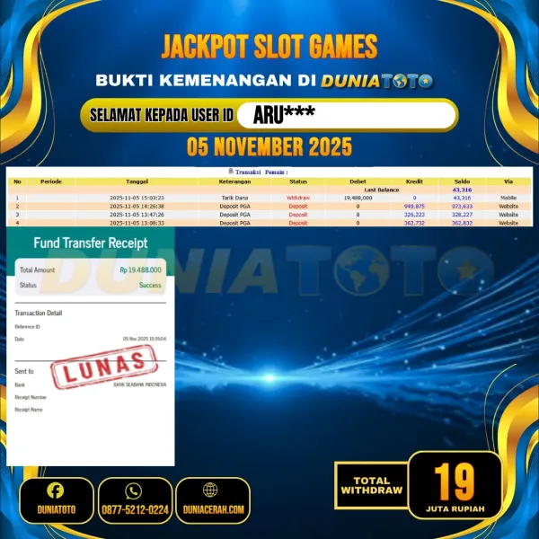    DUNIATOTO JACKPOT SLOT GAMES Rp.19.000.000 - LUNAS USER ID :  ARU***