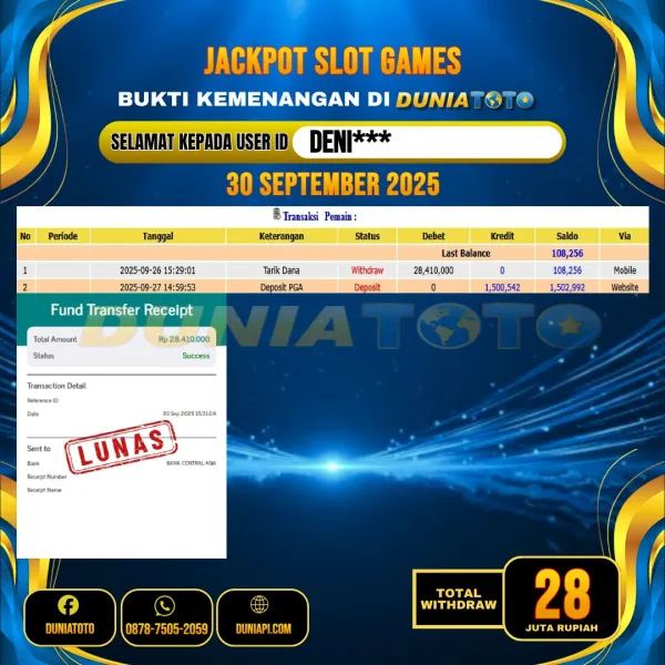  DUNIATOTO  JACKPOT   SLOT GAMES Rp.28.000.000 - LUNAS USER ID : DENI***