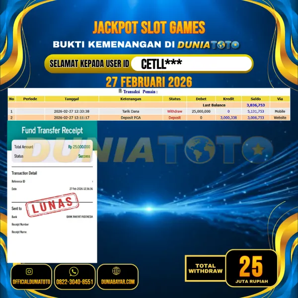  DUNIATOTO JACKPOT SLOT GAMES Rp.25.000.000 - LUNAS USER ID : CETLL***