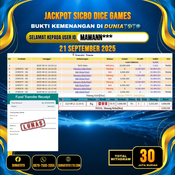 DUNIATOTO JACKPOT LIVE GAMES SICBO DICE Rp.30.000.000 - LUNAS USER ID : MAWANN***