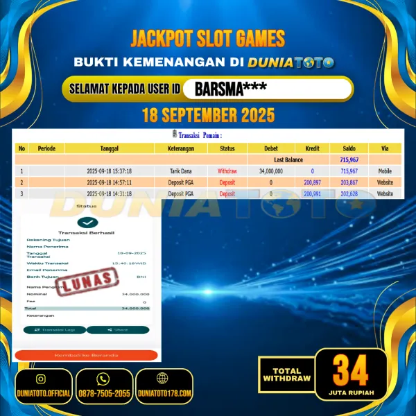 DUNIATOTO JACKPOT SLOT GAMES Rp.34.000.000 - LUNAS USER ID : BARSMA***