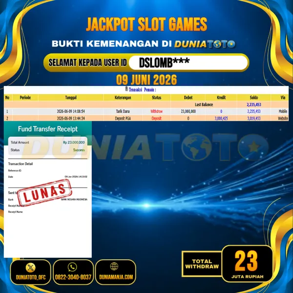 DUNIATOTO  JACKPOT SLOT GAMES Rp.23.000.000 - LUNAS USER ID :  DSLOMB***