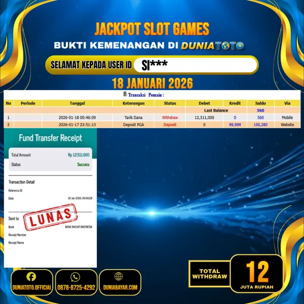 DUNIATOTO JACKPOT SLOT GAMES Rp.12.000.000 - LUNAS USER ID : SI***