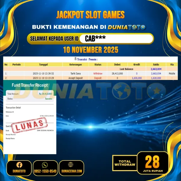    DUNIATOTO JACKPOT SLOT GAMES Rp.28.000.000 - LUNAS USER ID :  CAB***