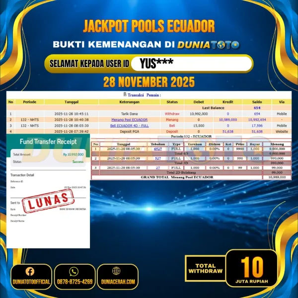 DUNIATOTO JACKPOT TOGEL ECUADOR Rp.10.000.000 - LUNAS USER ID :  YUS***