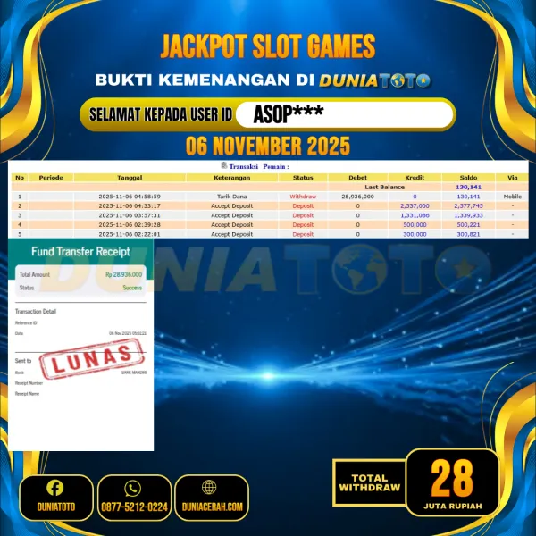   DUNIATOTO JACKPOT SLOT GAMES Rp.28.000.000 - LUNAS USER ID :  ASOP***