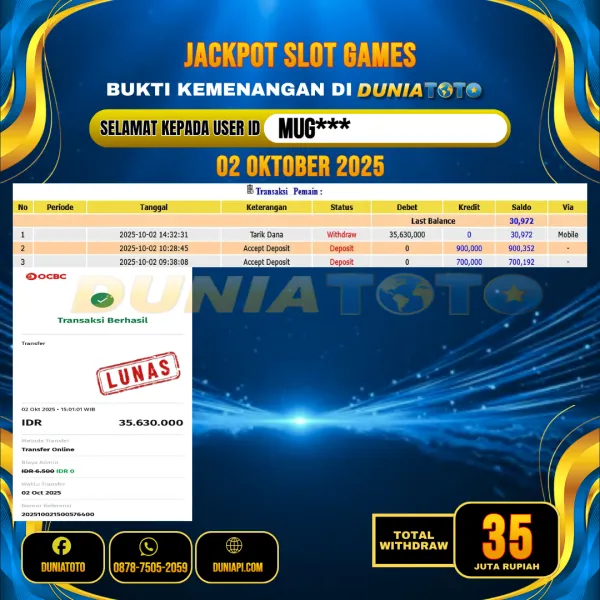  DUNIATOTO  JACKPOT  SLOT GAMES Rp.35.000.000 - LUNAS USER ID  : MUG***