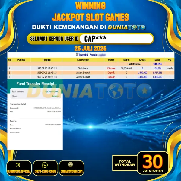 DUNIATOTO JACKPOT SLOT GAMES Rp.30.000.000 - LUNAS USER ID : CAP***