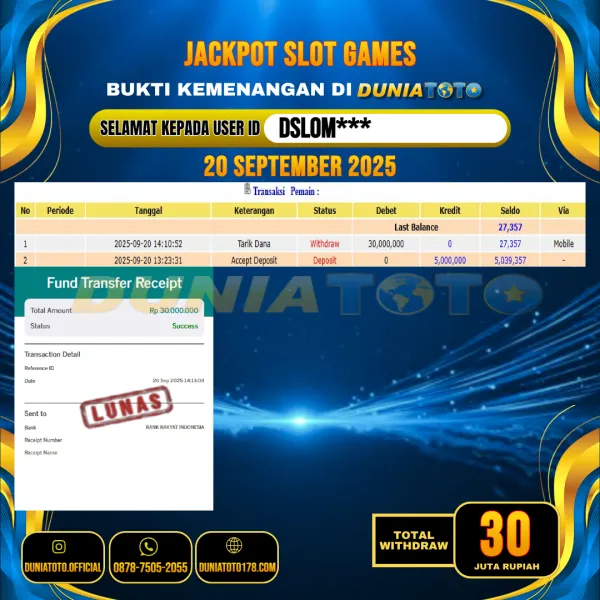 DUNIATOTO JACKPOT SLOT GAMES Rp.30.000.000 - LUNAS USER ID : DSLOM***
