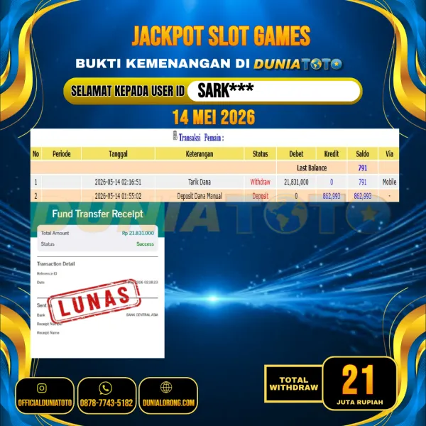 DUNIATOTO  JACKPOT SLOT GAMES Rp.21.000.000 - LUNAS USER ID :  SARK***