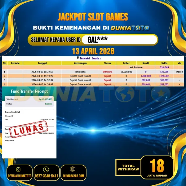 DUNIATOTO JACKPOT SLOT GAMES Rp.18.000.000 - LUNAS USER ID : GAL***