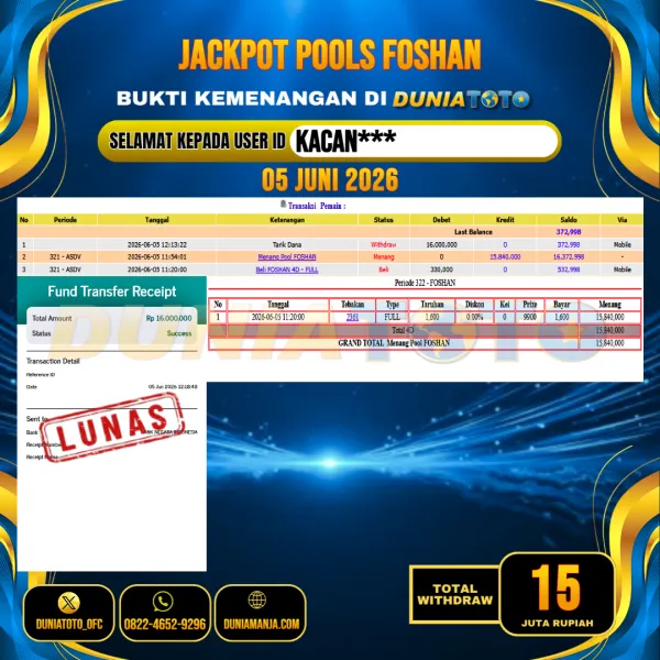 DUNIATOTO  JACKPOT TOGEL FOSHAN Rp.15.000.000 - LUNAS USER ID : KACAN***