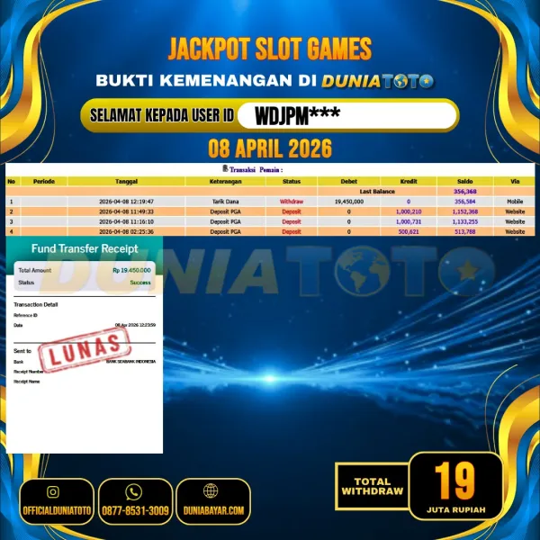 DUNIATOTO JACKPOT SLOT GAMES Rp.19.000.000 - LUNAS USER ID : WDJPM***