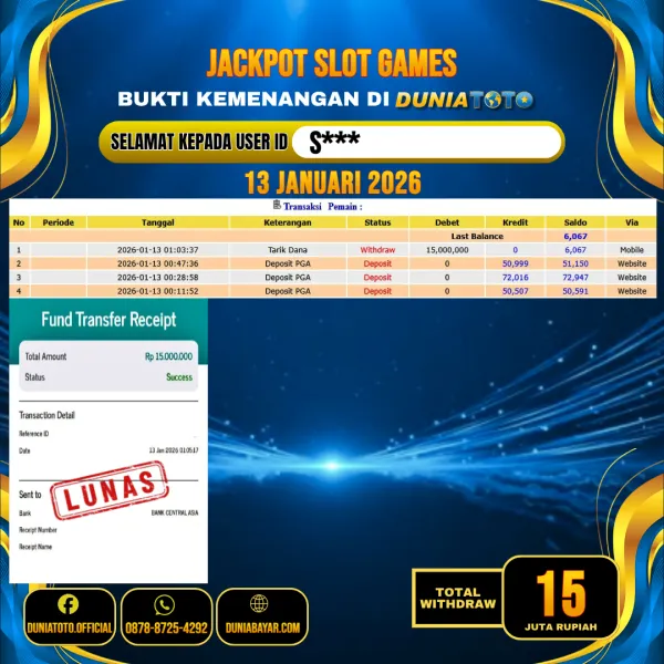 DUNIATOTO JACKPOT SLOT GAMES  Rp.15.000.000 - LUNAS USER ID : S***