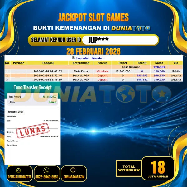 DUNIATOTO JACKPOT SLOT GAMES Rp.18.000.000 - LUNAS USER ID : JUP***