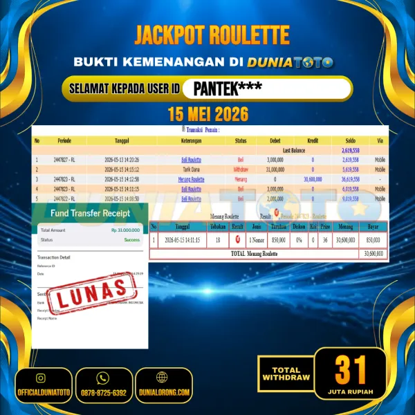 DUNIATOTO  JACKPOT ROULETTE Rp.31.000.000 - LUNAS USER ID :  PANTEK***