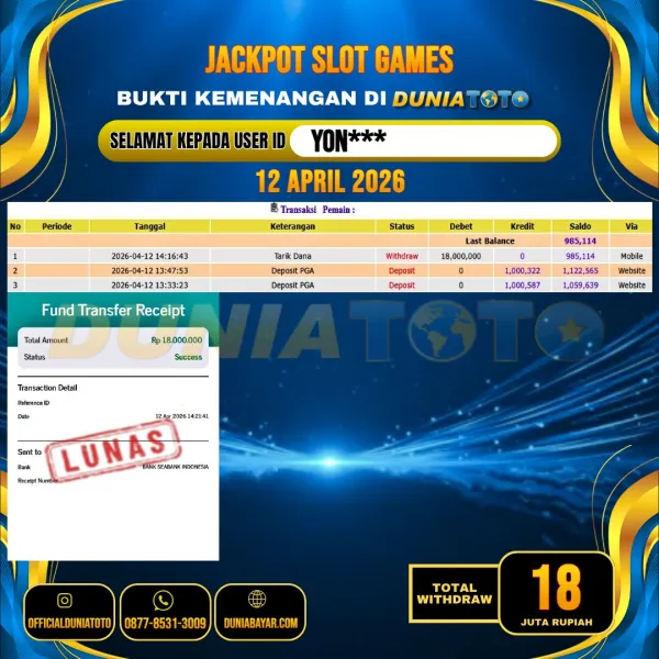 DUNIATOTO JACKPOT SLOT GAMES Rp.18.000.000 - LUNAS USER ID : YON***