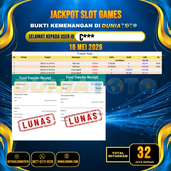 DUNIATOTO  JACKPOT SLOT GAMES Rp.32.000.000 - LUNAS USER ID :  C***