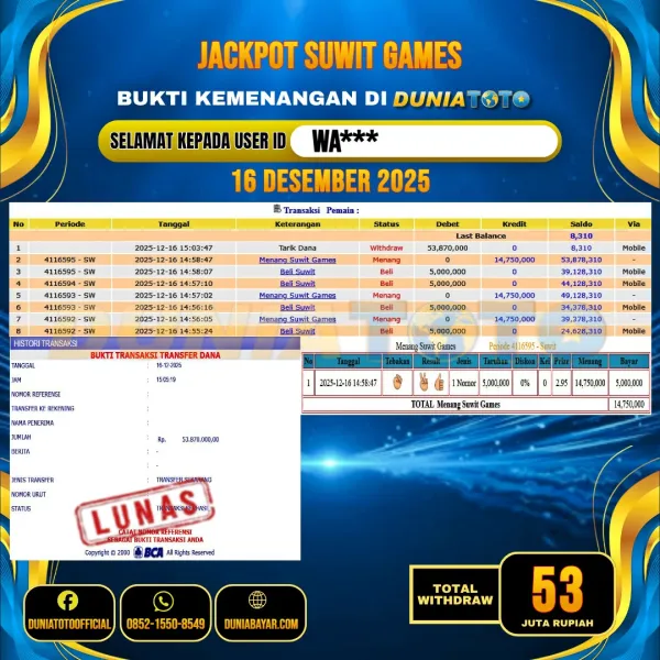  DUNIATOTO JACKPOT LIVE GAMES SUWIT Rp.53.000.000 - LUNAS USER ID :  WA***