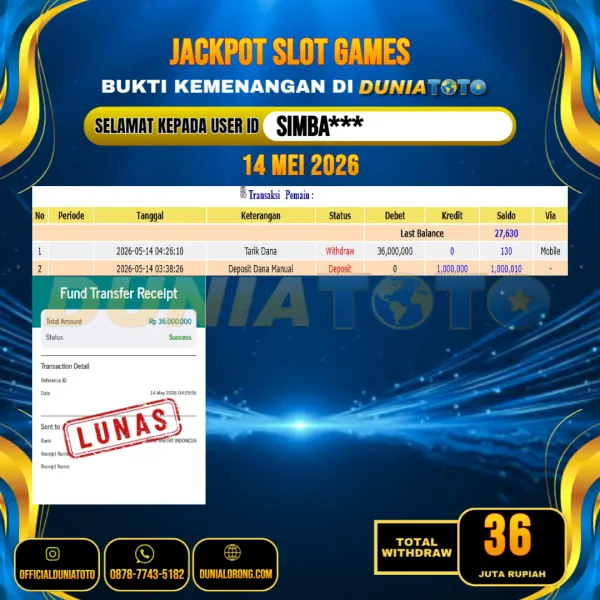 DUNIATOTO  JACKPOT SLOT GAMES Rp.36.000.000 - LUNAS USER ID :  SIMBA***