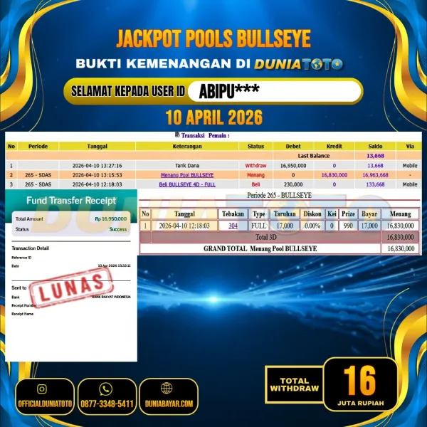DUNIATOTO JACKPOT TOGEL BULLSEYE Rp.16.000.000 - LUNAS USER ID : ABIPU***