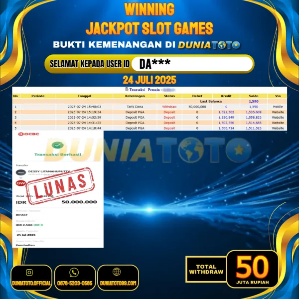 DUNIATOTO JACKPOT SLOT GAMES Rp.50.000.000 - LUNAS USER ID : DA***