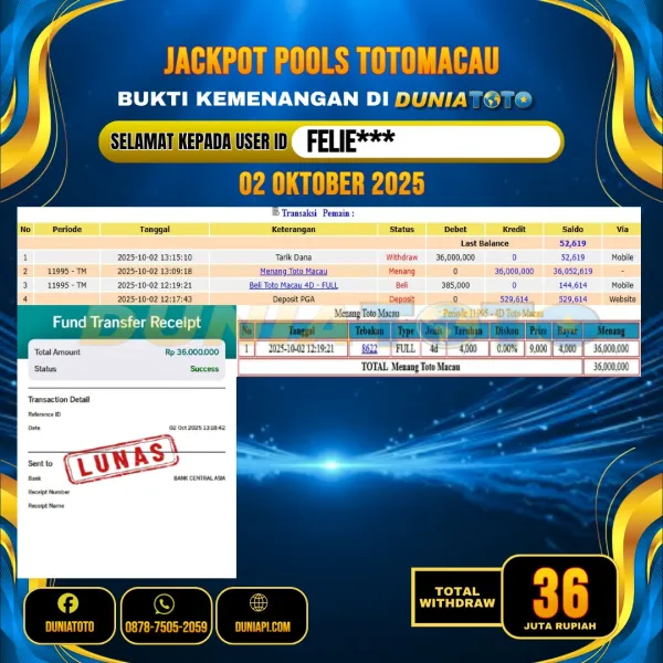  DUNIATOTO  JACKPOT  TOGEL TOTOMACAU 4D Rp.36.000.000 - LUNAS USER ID  : FELIE***