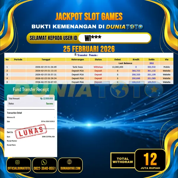  DUNIATOTO JACKPOT SLOT GAMES Rp.12.000.000 - LUNAS USER ID : WI***