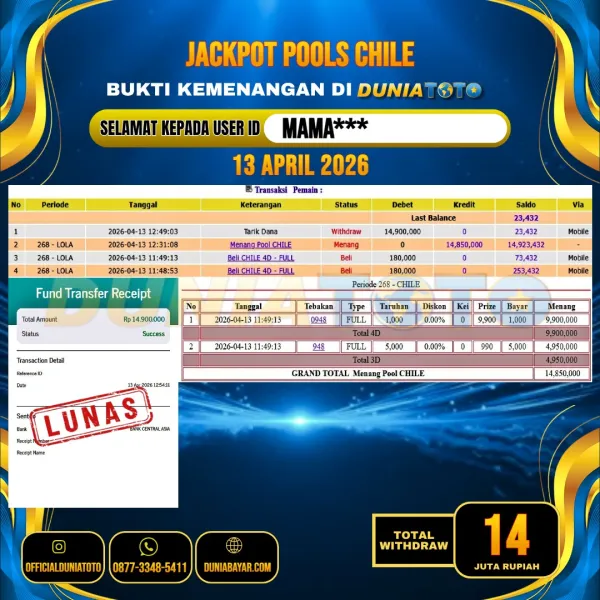 DUNIATOTO JACKPOT TOGEL CHILE Rp.14.000.000 - LUNAS USER ID : MAMA***